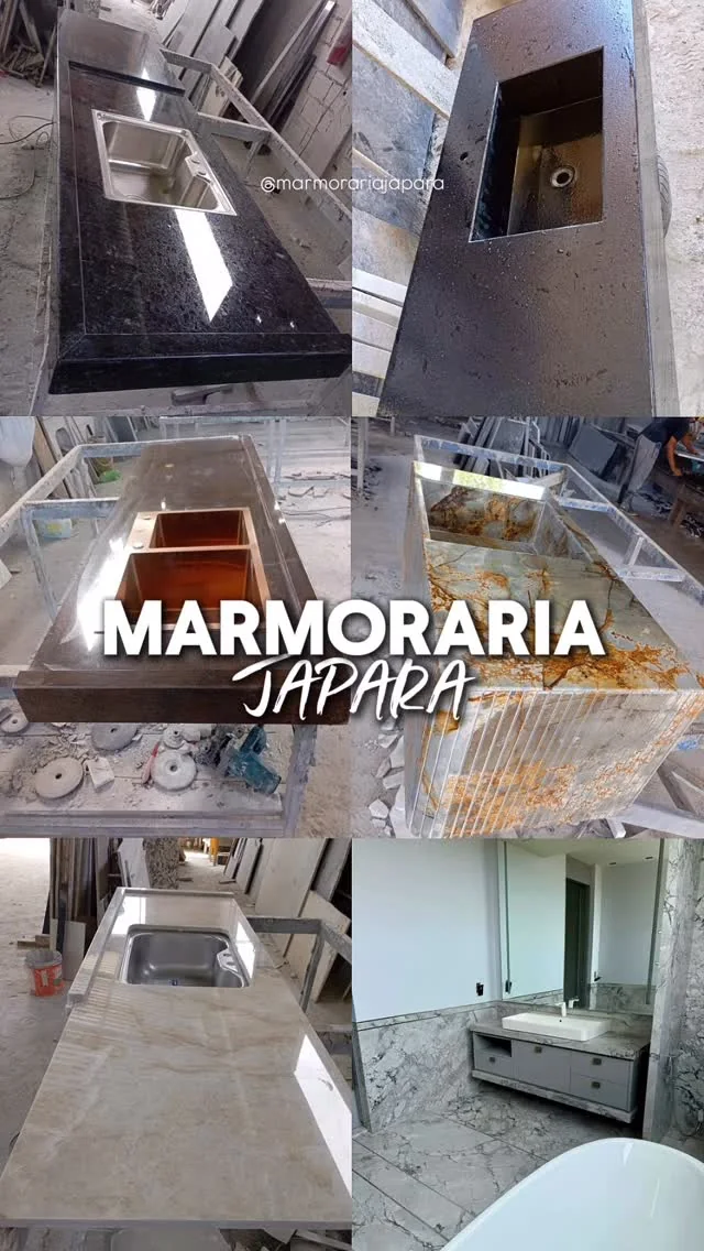 Bancada clara de granito com duas cubas durante a fabricação